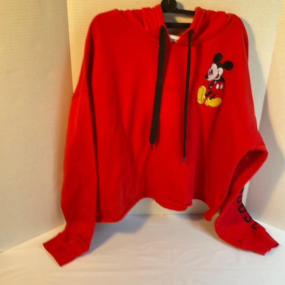 Mickey Mouse cropped red hoodie size Large. Black writing. Embroidered Mickey - Picture 1 of 12